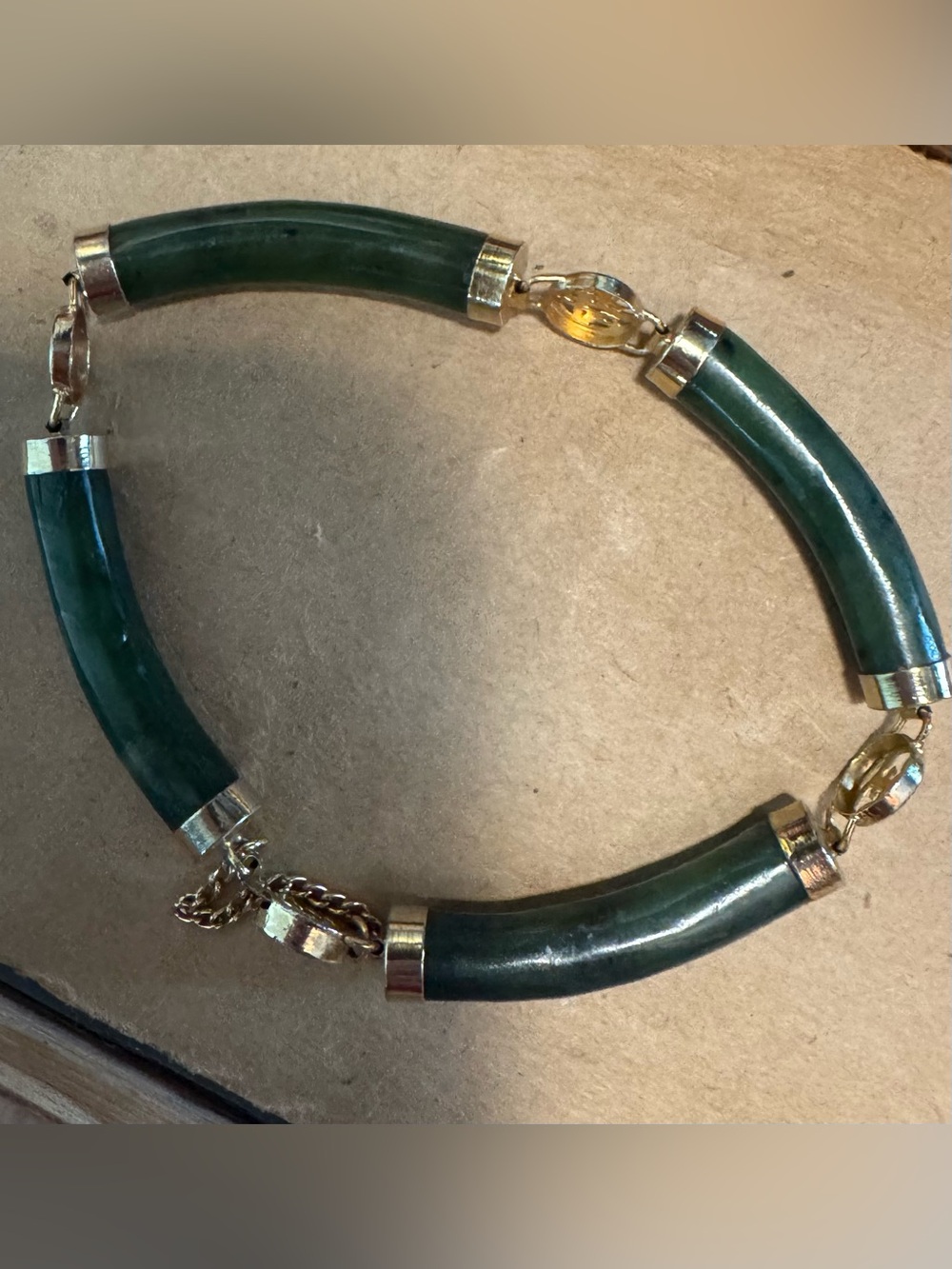 Vintage mid-century Gold Tone Chinese Nephrite Jade link bracelet